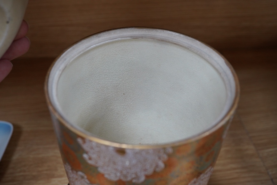 A Japanese Satsuma pottery lidded jar, Meiji period, decorated and gilded with flowers, signed to the base, 14cm high. Condition - lid restored